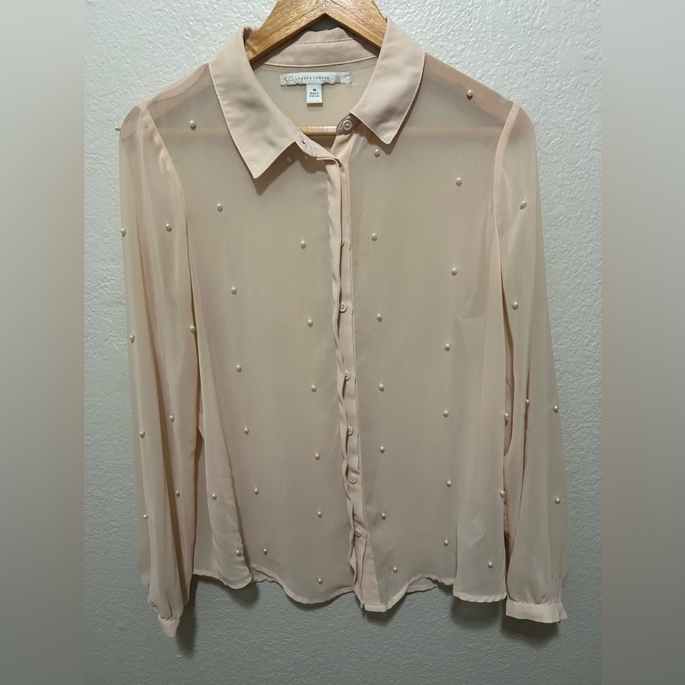 ✨LC Lauren Conrad Pearl-Embellished Sheer Blouse – Women’s Medium✨